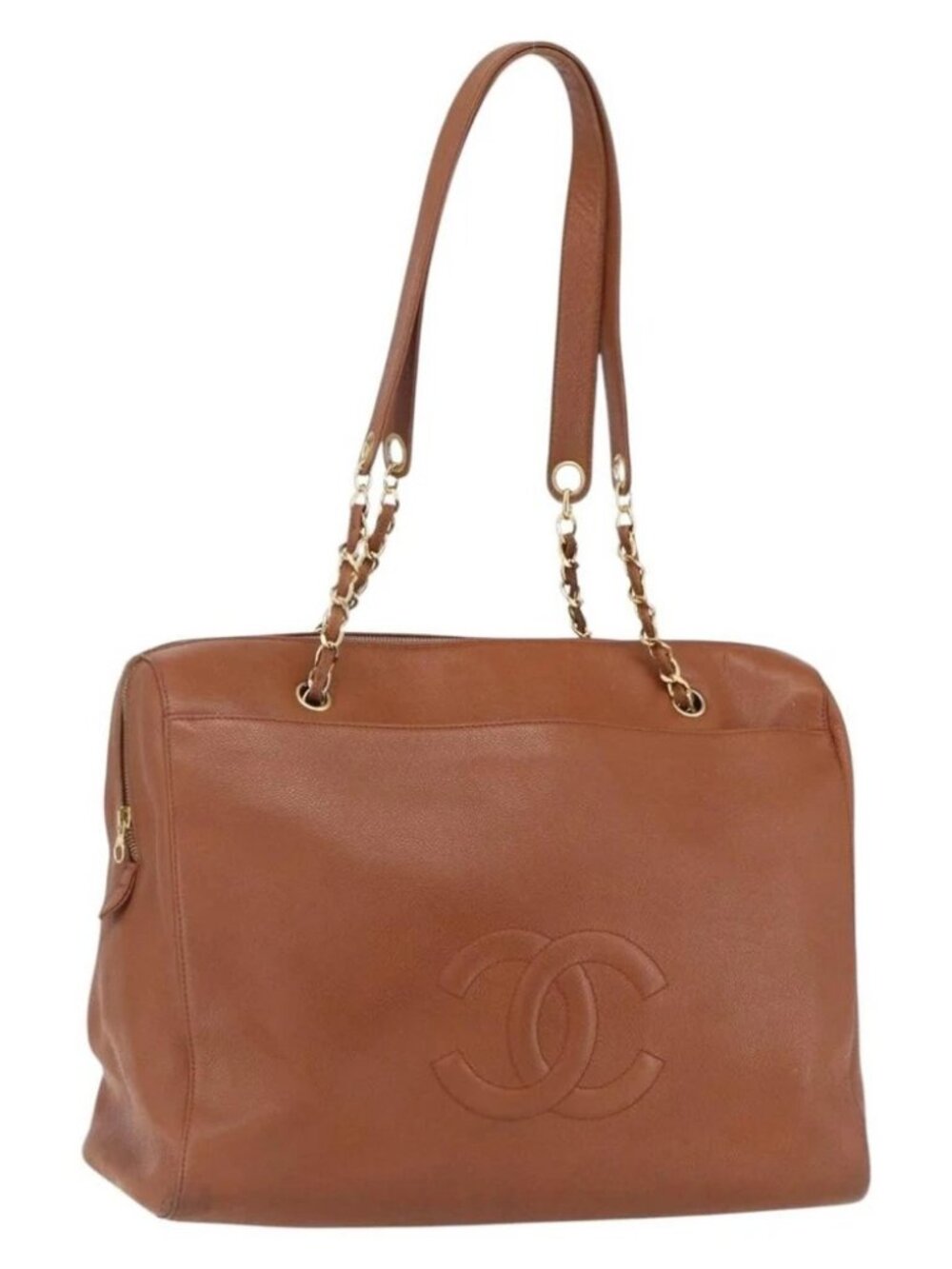 CHANEL Tote Bag Grained Calf Skin Brown Gold CC Auth bs33137